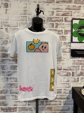 White Kirby Graphic Tee with Pink Character & Yellow Accents medium